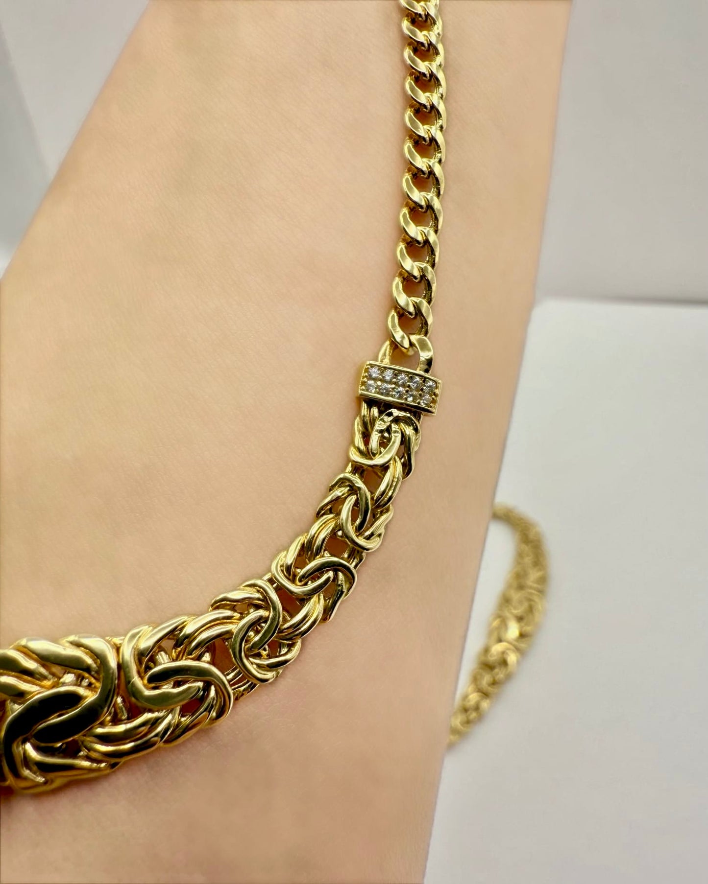 18K Real Gold Byzantine–Cuban Hybrid Set — 24" Necklace + 8" Bracelet (26 g Total)