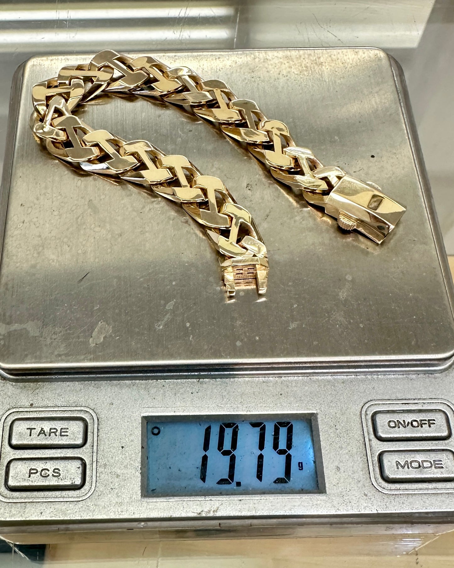 14K Real Gold Bracelet — 9" Length, 11 mm Width (19.79 g) — Mechanical Double Safety Box Clasp