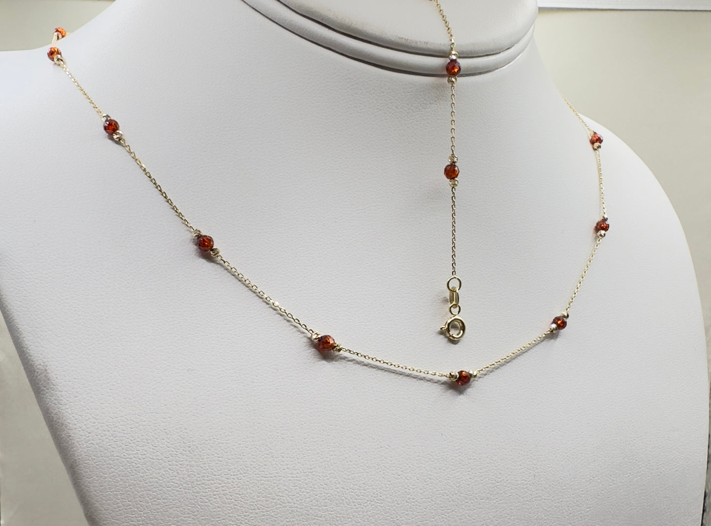 Limra Jewelry 14K Solid Gold, Necklace with Cubic Zirconia Beads, 18" Dainty Cable Chain