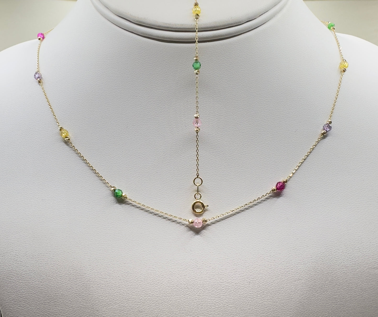 Limra Jewelry 14K Solid Gold, Necklace with Cubic Zirconia Beads, 18" Dainty Cable Chain