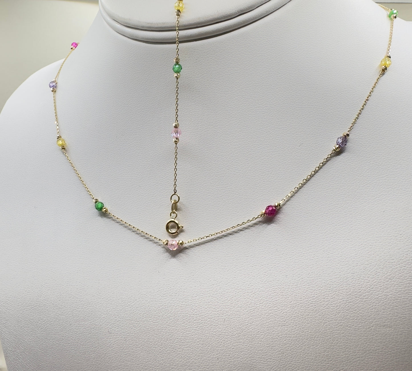 Limra Jewelry 14K Solid Gold, Necklace with Cubic Zirconia Beads, 18" Dainty Cable Chain