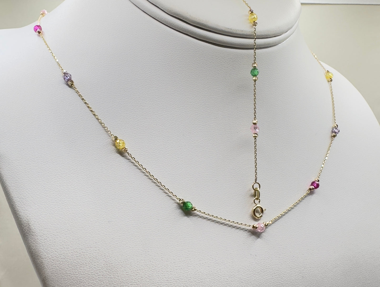 Limra Jewelry 14K Solid Gold, Necklace with Cubic Zirconia Beads, 18" Dainty Cable Chain