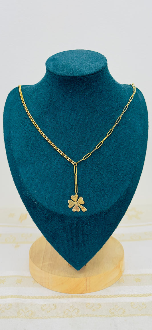 10K Real Gold Mixed-Link Lariat Necklace with Clover Charm — 24" Length, ~3 mm Width (6.85 g)