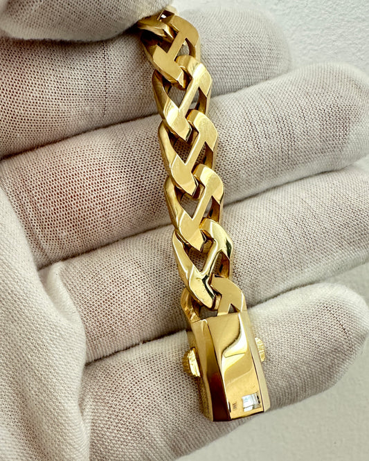 14K Real Gold Bracelet — 9" Length, 11 mm Width (19.79 g) — Mechanical Double Safety Box Clasp