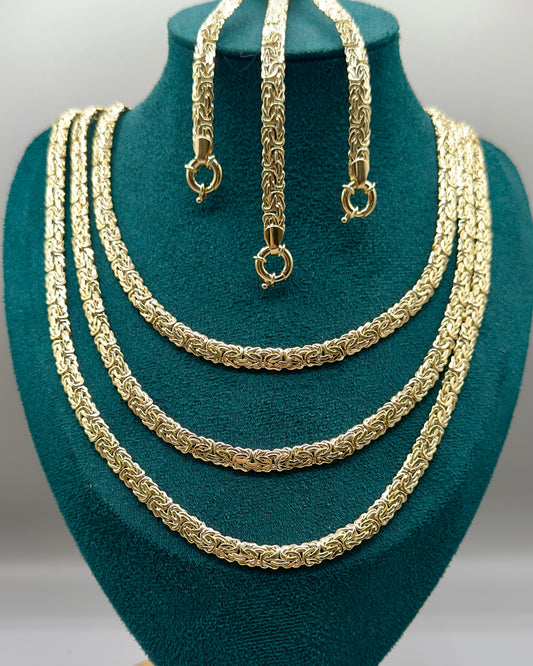 14K Real Gold Necklace & Bracelet Set — Flat Woven Byzantine Link — 24" Necklace + 8" Bracelet (27.75g Total)