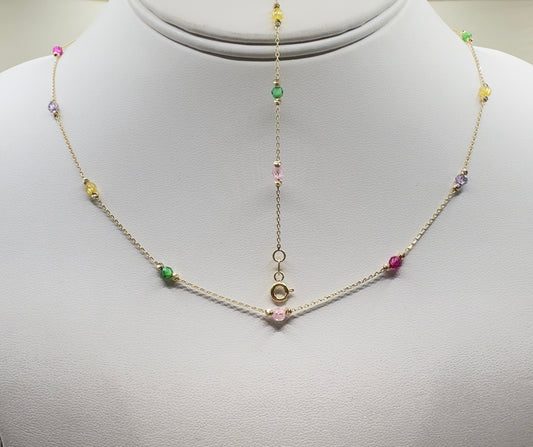 Limra Jewelry 14K Solid Gold, Necklace with Cubic Zirconia Beads, 18" Dainty Cable Chain