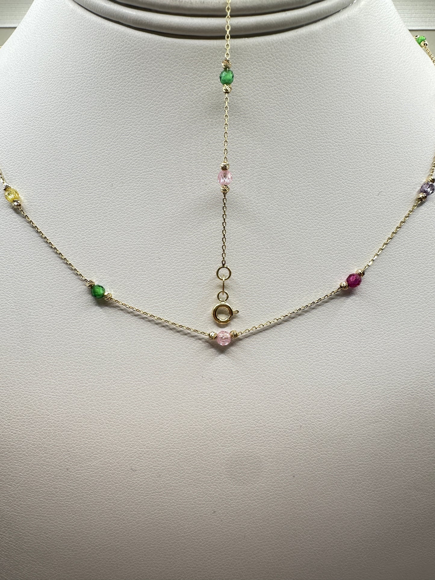 Limra Jewelry 14K Solid Gold, Necklace with Cubic Zirconia Beads, 18" Dainty Cable Chain