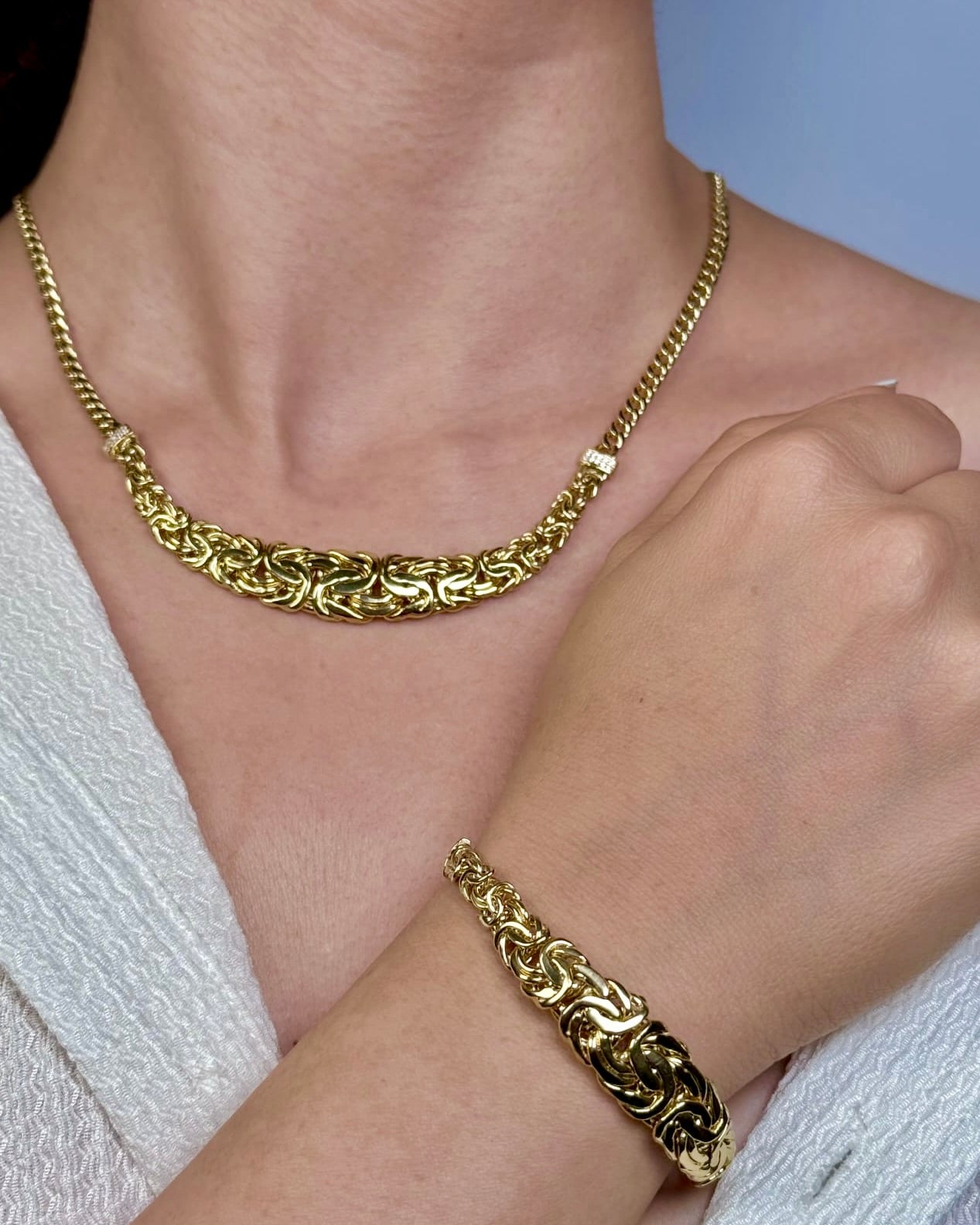 18K Real Gold Byzantine–Cuban Hybrid Set — 24" Necklace + 8" Bracelet (26 g Total)